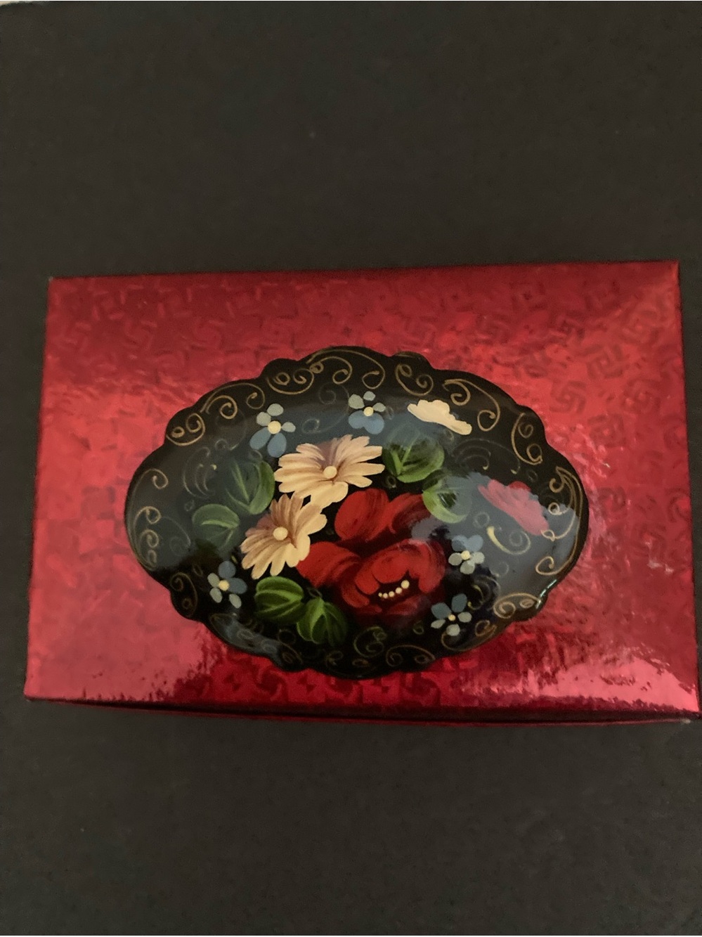 Vintage Handpainted Signed Laquer Brooch